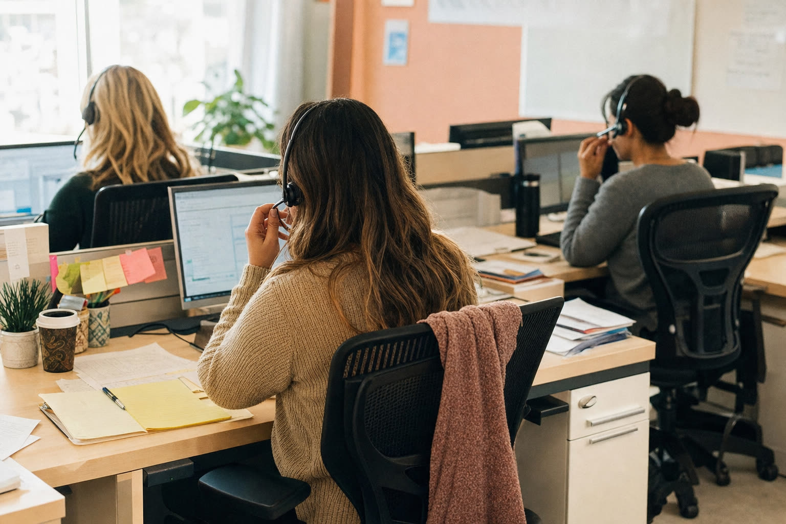 Agents on headsets working calls in a bright office